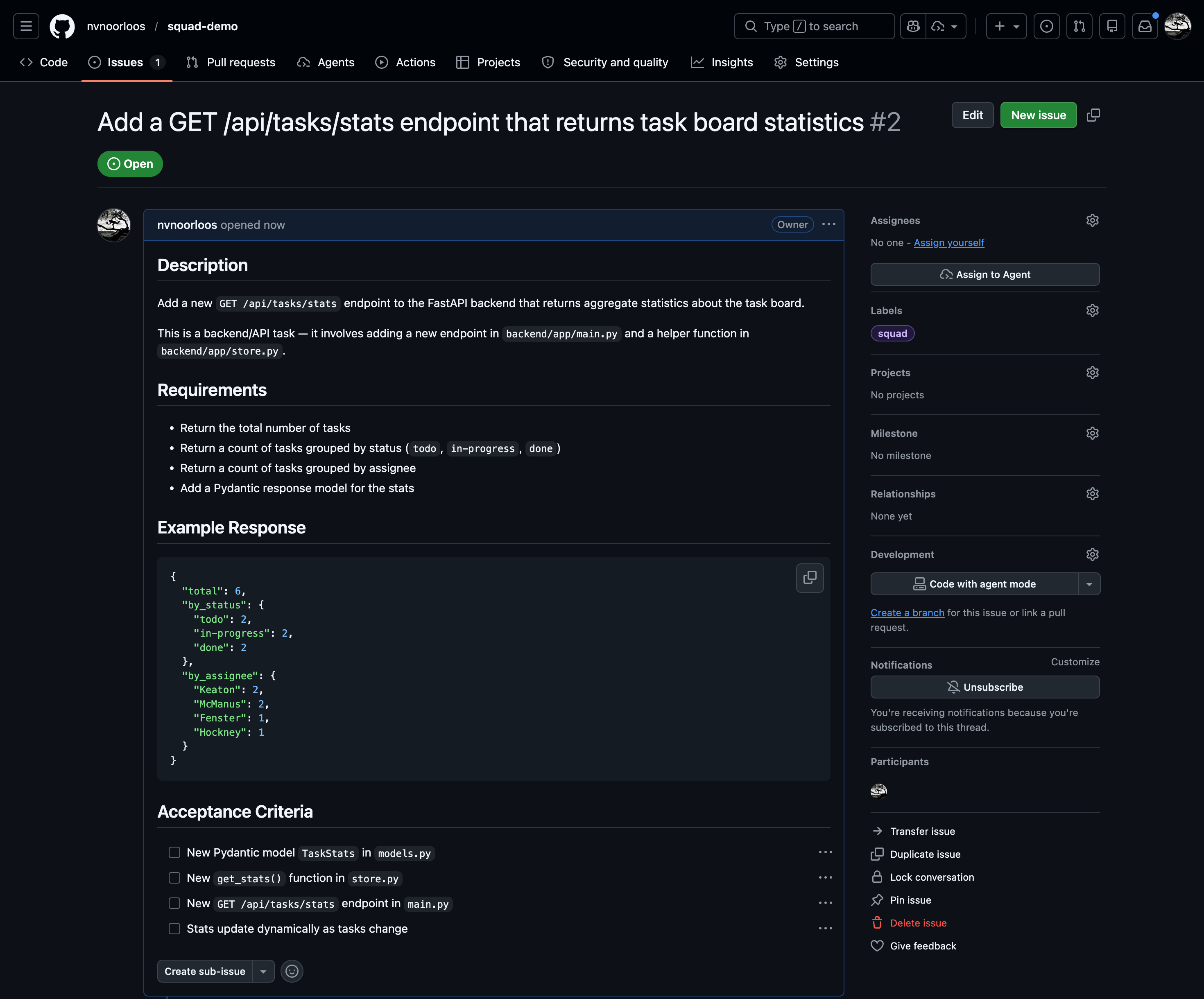 GitHub issue created with squad label